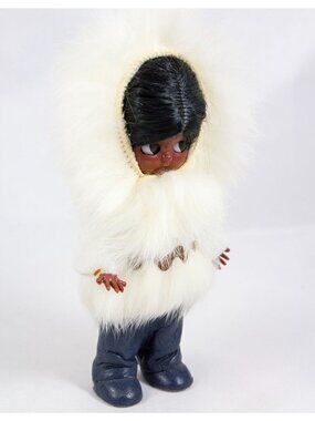 Vintage 6" Native American Alaskan Eskimo Doll Sleep Eyes Fur Trim Leather Boots
